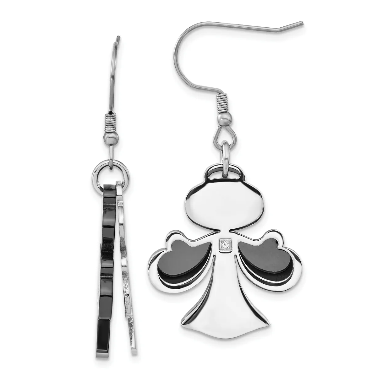 A pair of silver-toned dangle earrings with fish hook wires; one features a striped black and silver rectangular pendant, the other a decorative libra scales charm with white enamel and black accents.