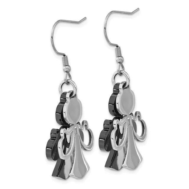 A pair of dangling earrings featuring silver-toned metal charms with black accents and clear stone settings, suspended from silver ear wires.
