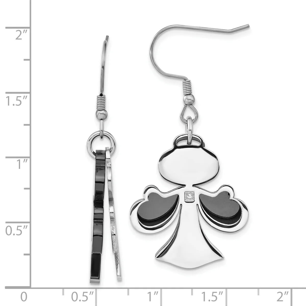 A pair of silver-toned earrings with black enamel accents shaped like an angel or cross with curved wings, shown next to a ruler measuring approximately 2 inches in length.