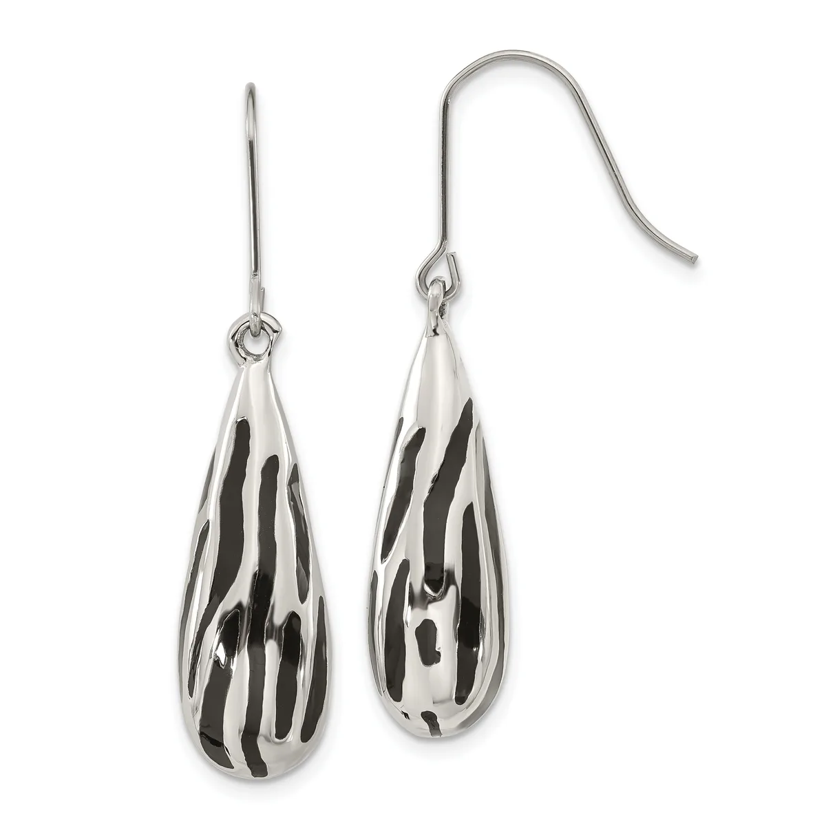 A pair of silver teardrop earrings with black zebra stripe pattern, shown hanging from silver ear wires.