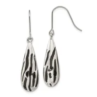 A pair of silver teardrop earrings with black zebra stripe pattern, shown hanging from silver ear wires.