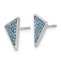 Pair of silver-toned triangular stud earrings with light blue rhinestones set in a paved pattern, shown from front and back views.