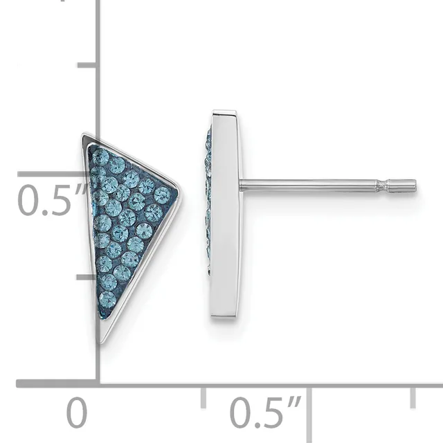 Silver triangular stud earrings with blue crystal pave setting, shown front and side view with measurement scale indicating approximately 0.5 inches in length.