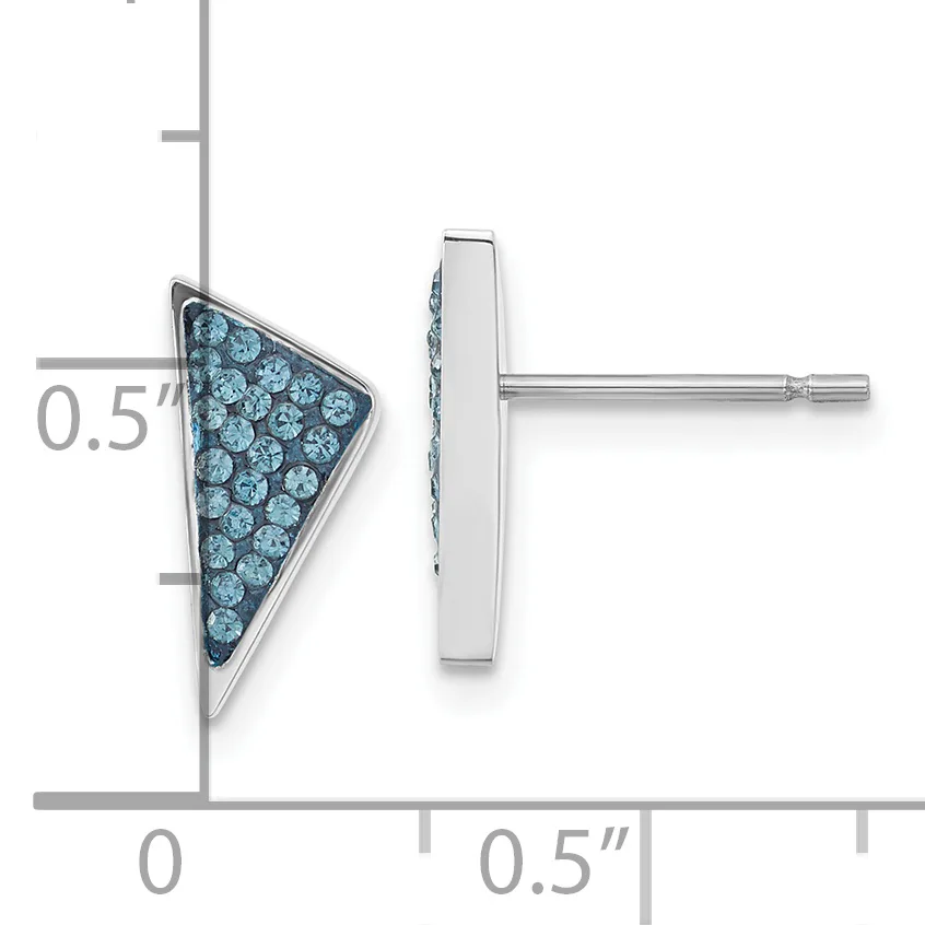 Silver triangular stud earrings with blue crystal pave setting, shown front and side view with measurement scale indicating approximately 0.5 inches in length.