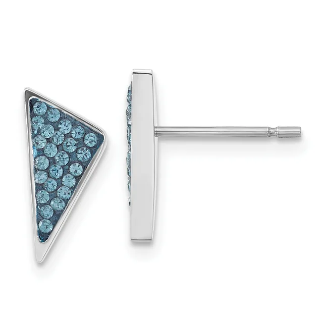 Pair of silver triangular stud earrings set with blue diamonds, shown from front and back views.