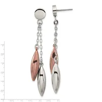 Pair of stainless steel drop earrings with polished round studs and dangling chain links holding rose gold and silver teardrop-shaped pendants.