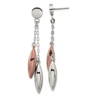 Pair of stainless steel drop earrings with polished disc studs, chain links, and two dangling oval charms in silver and rose-gold finishes.