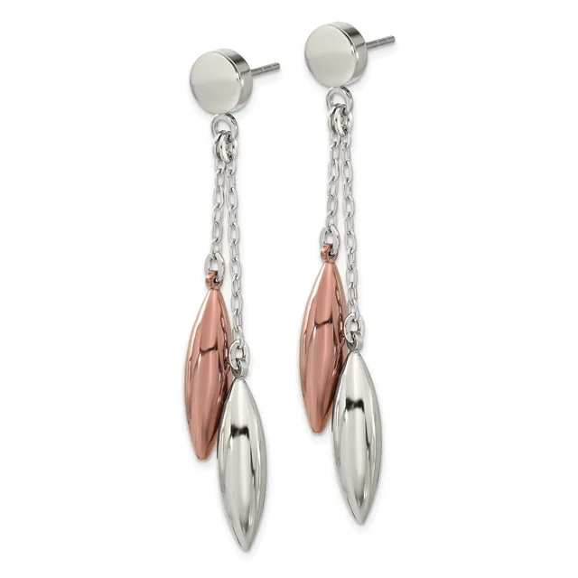 Pair of silver stud earrings with dangling chain attachments holding rose-gold and silver teardrop-shaped pendants.