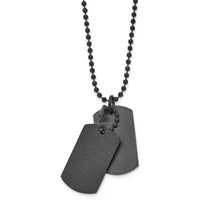 Two black metal dog tags hang from a black beaded ball chain against a white background.