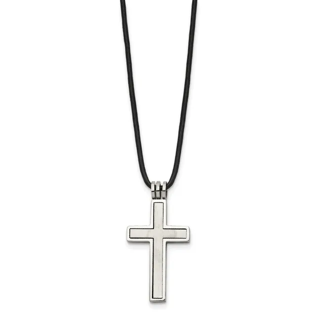 A silver cross pendant with an outlined rectangular design hanging from a black cord necklace.