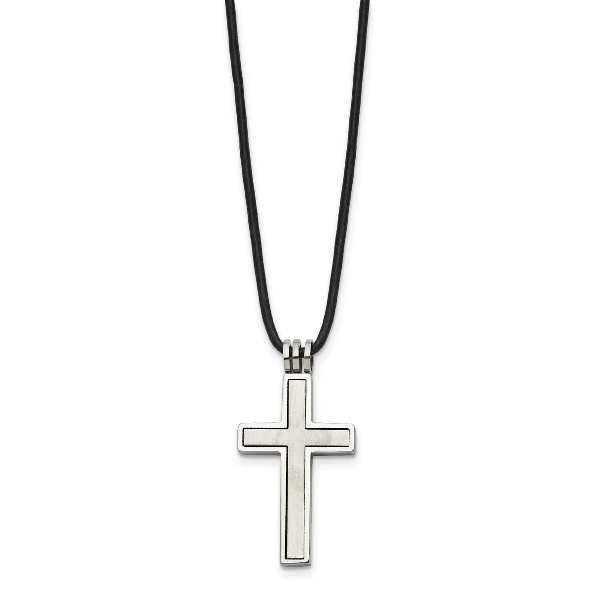 A silver cross pendant with an outlined rectangular design hanging from a black cord necklace.