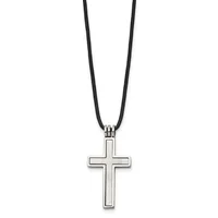 A silver cross pendant with an outlined rectangular design hanging from a black cord necklace.