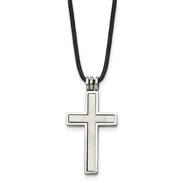 A silver cross pendant with a black cord necklace, featuring a polished rectangular cross with recessed borders and a small decorative connector ring.