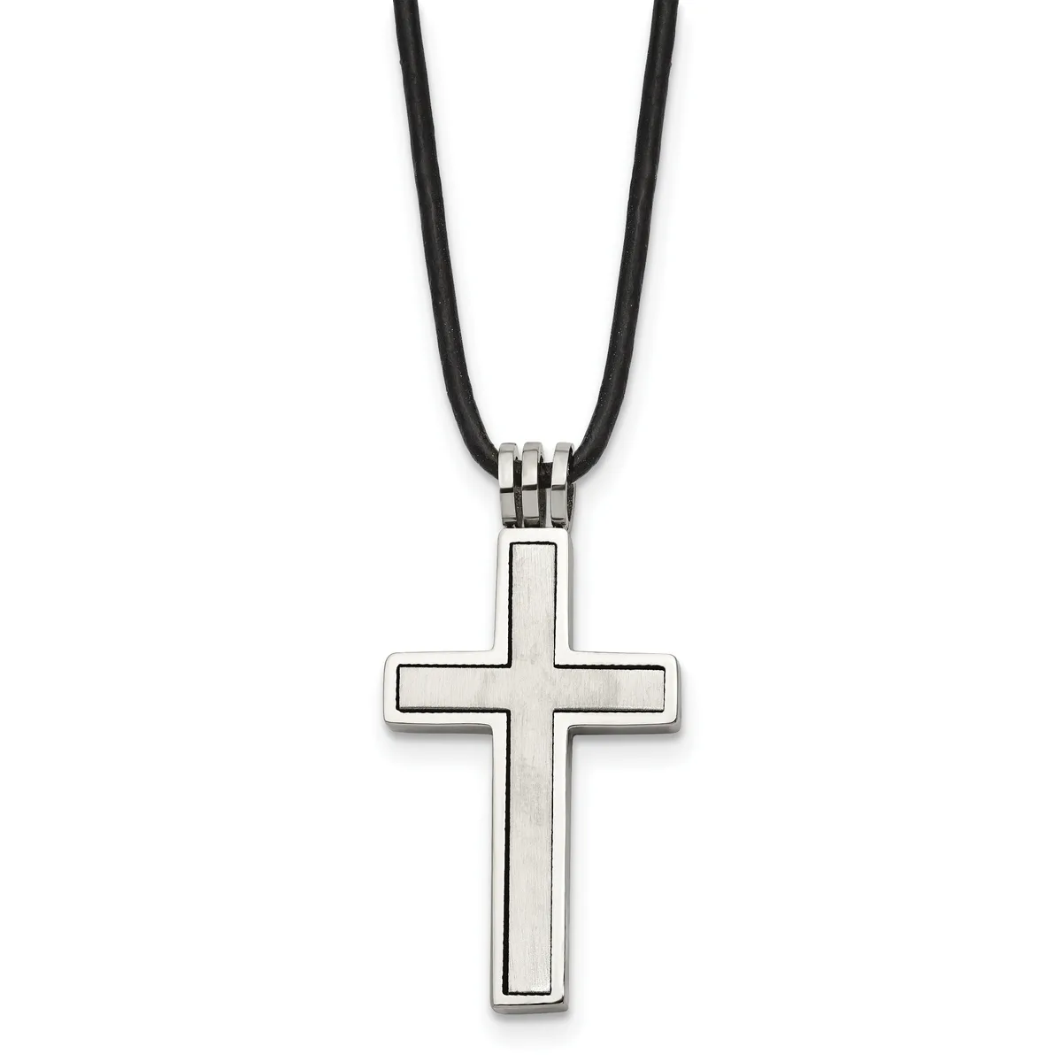 A silver cross pendant with a black cord necklace, featuring a polished rectangular cross with recessed borders and a small decorative connector ring.