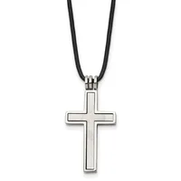 A silver cross pendant with a black cord necklace, featuring a polished rectangular cross with recessed borders and a small decorative connector ring.