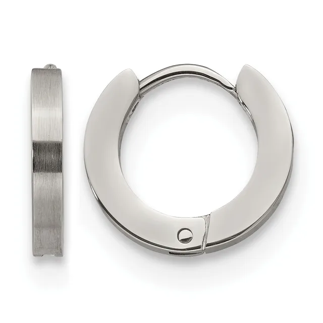 A pair of polished stainless steel hoop earrings shown from the front and side, featuring a chunky, curved design with a small hallmark visible on one earring.