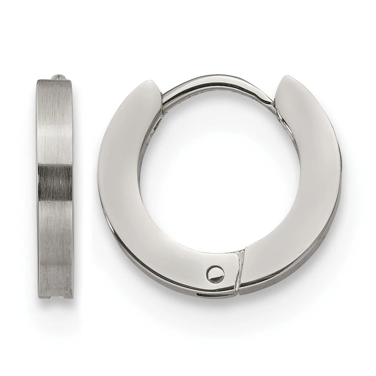 A pair of polished stainless steel hoop earrings shown from the front and side, featuring a chunky, curved design with a small hallmark visible on one earring.