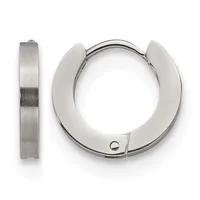 A pair of polished stainless steel hoop earrings shown from the front and side, featuring a chunky, curved design with a small hallmark visible on one earring.