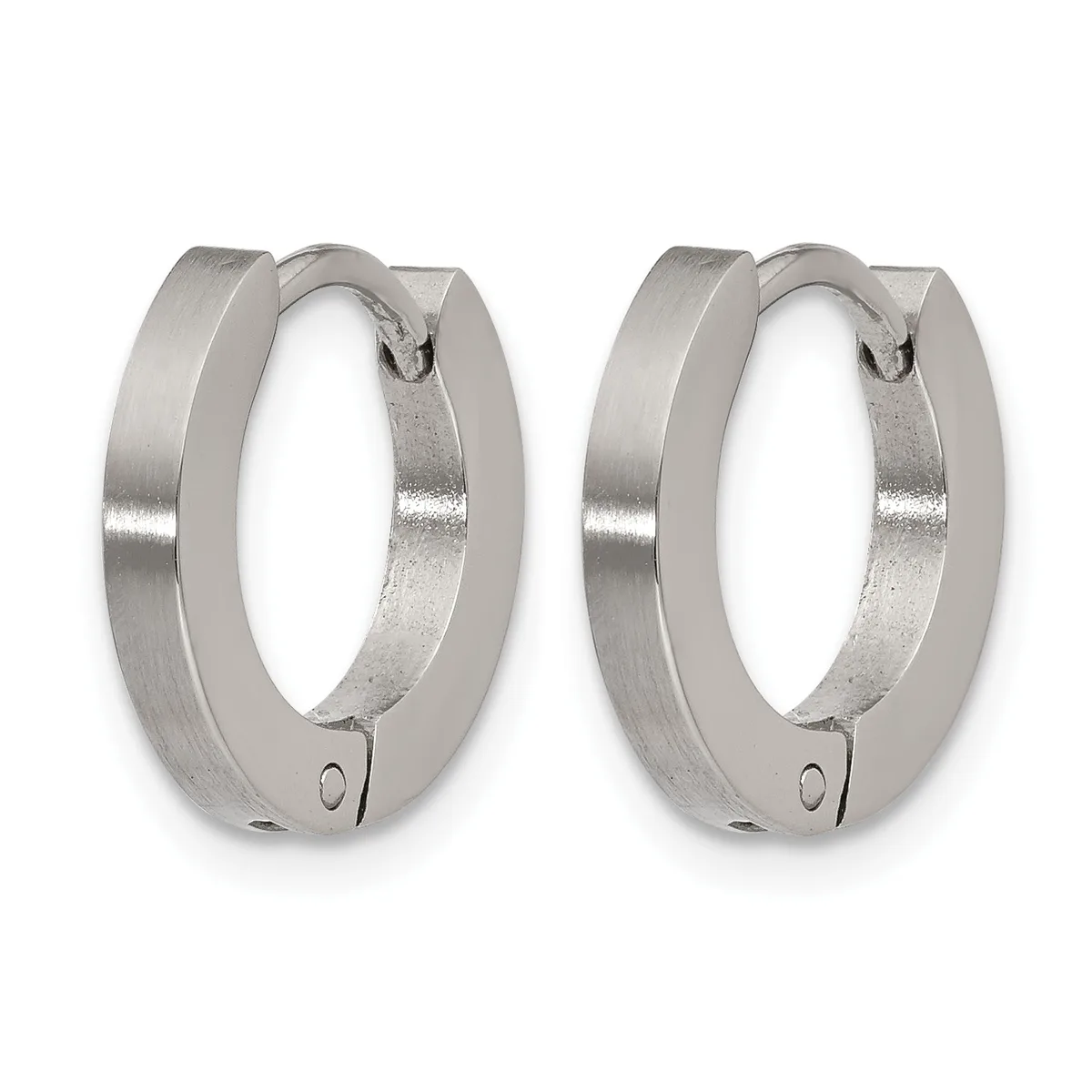 A pair of polished silver-tone hinged hoop earrings with a brushed matte finish on the outer surface and a small hallmark on each closure.