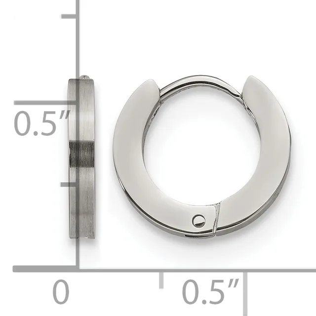 Silver-toned hinged hoop earring shown from front and side views against a measurement scale indicating approximately half-inch diameter.