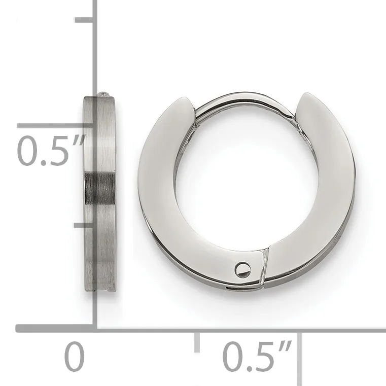 Silver-toned hinged hoop earring shown from front and side views against a measurement scale indicating approximately half-inch diameter.