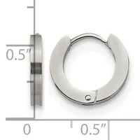 Silver-toned hinged hoop earring shown from front and side views against a measurement scale indicating approximately half-inch diameter.