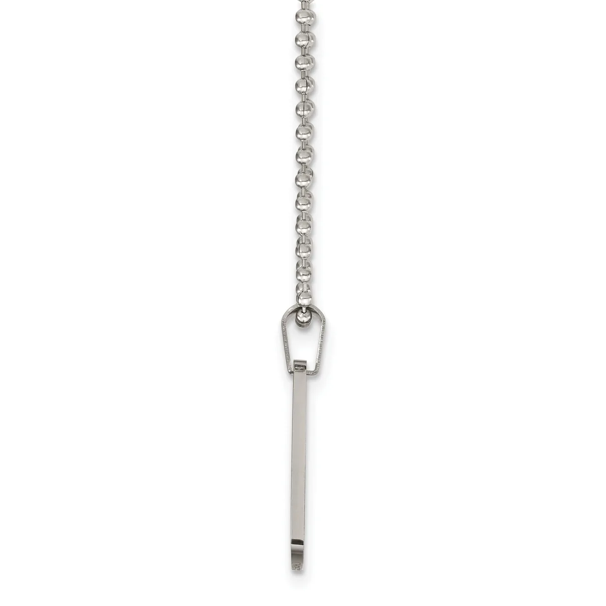 Silver chain necklace with a small rectangular pendant hanging from a loop attachment at the center.