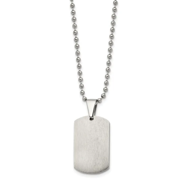 Brushed stainless steel dog tag pendant hanging from a ball chain necklace against a white background.