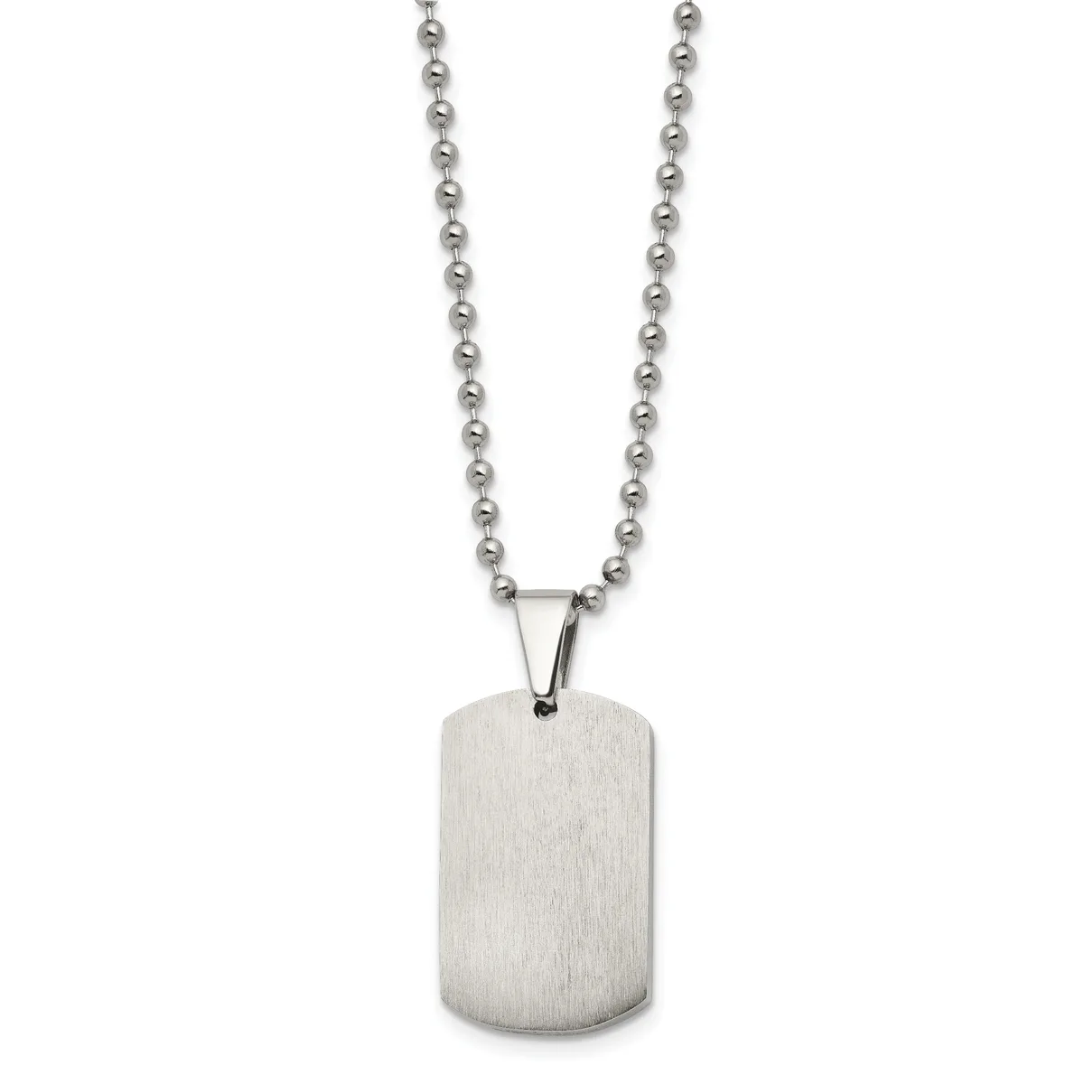 Brushed stainless steel dog tag pendant hanging from a ball chain necklace against a white background.