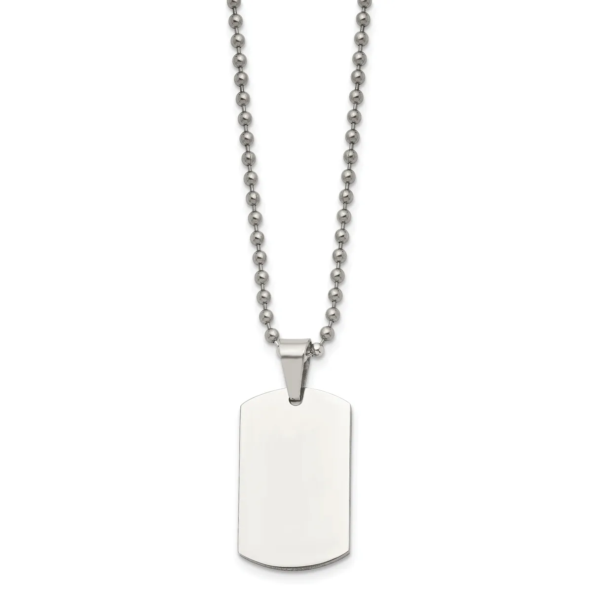 Stainless steel ball chain necklace with a blank rectangular dog tag pendant.