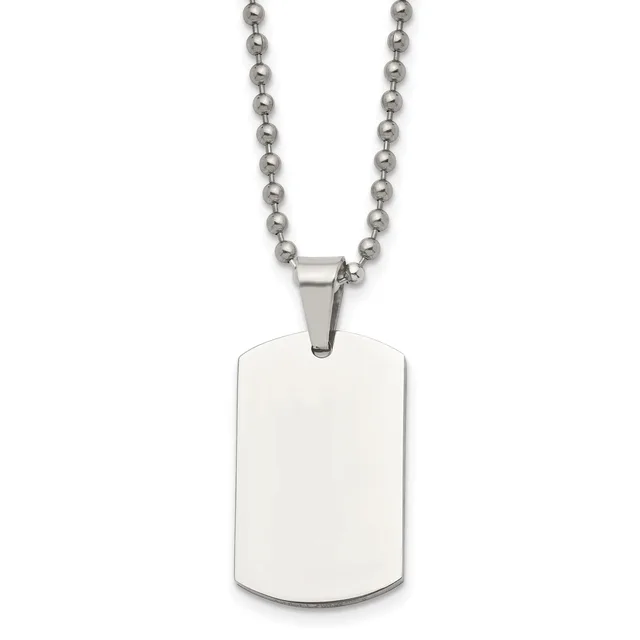 A polished stainless steel dog tag pendant with rounded corners hangs from a matching ball chain necklace.