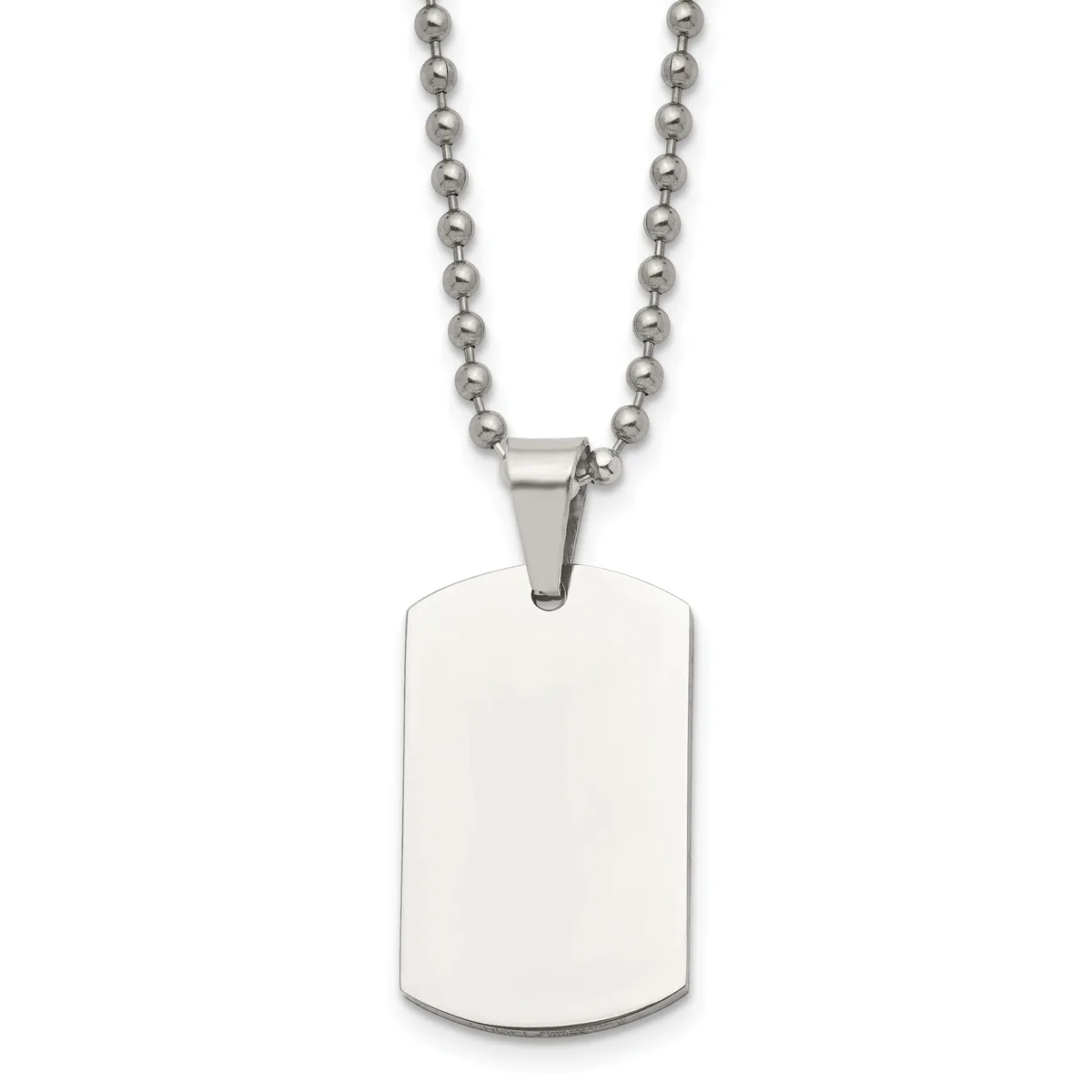 A polished stainless steel dog tag pendant with rounded corners hangs from a matching ball chain necklace.