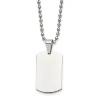 A polished stainless steel dog tag pendant with rounded corners hangs from a matching ball chain necklace.