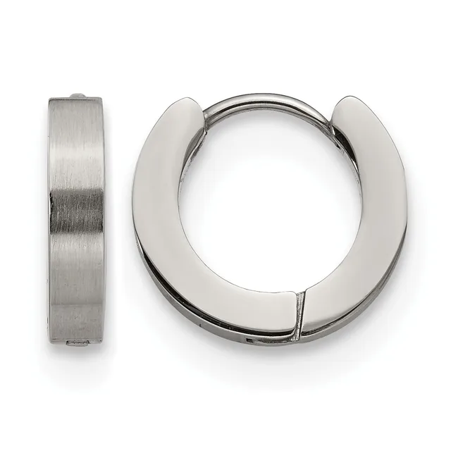 A pair of polished stainless steel chunky hoop earrings with a brushed finish, shown from the front and side views.