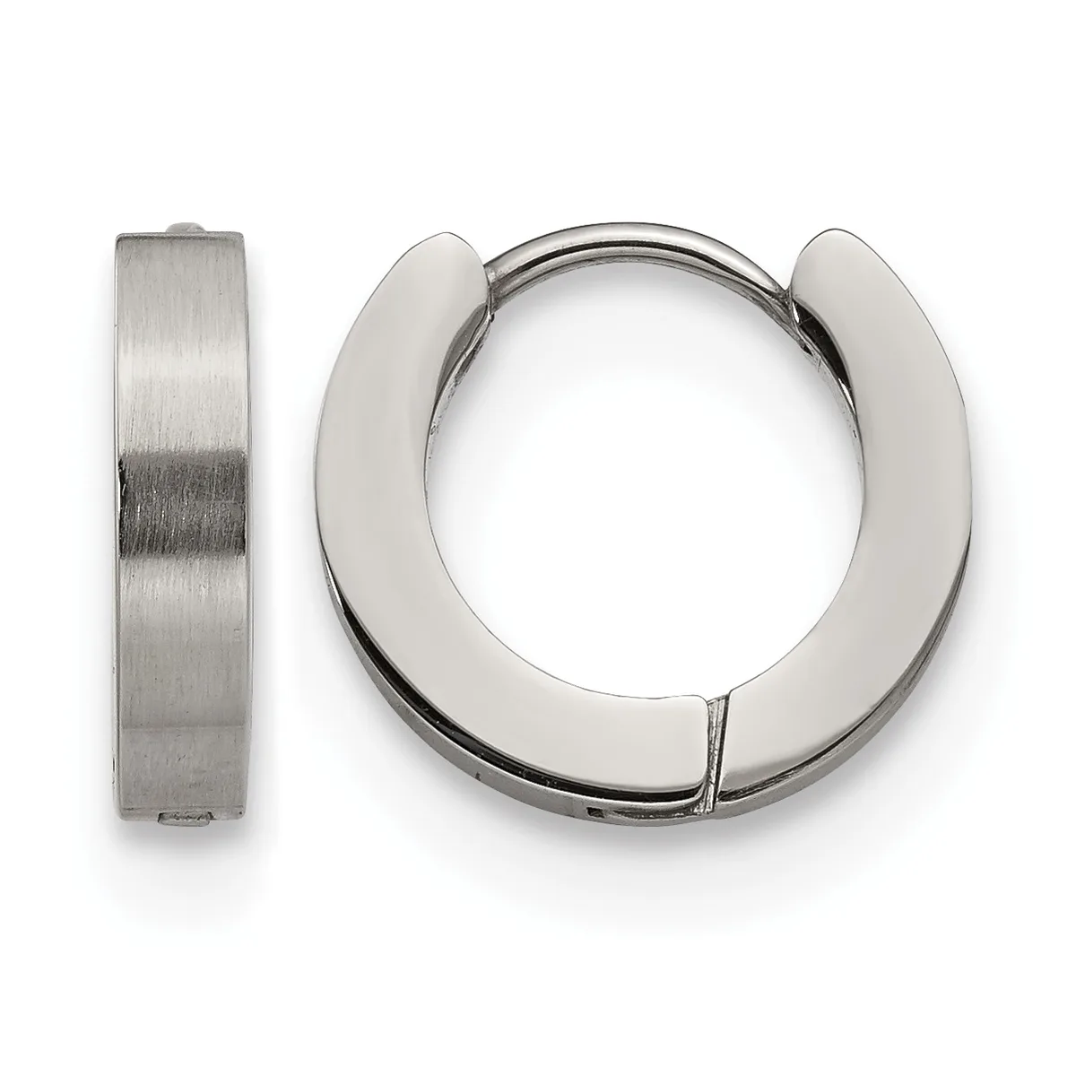 A pair of polished stainless steel chunky hoop earrings with a brushed finish, shown from the front and side views.