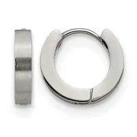 A pair of polished stainless steel chunky hoop earrings with a brushed finish, shown from the front and side views.