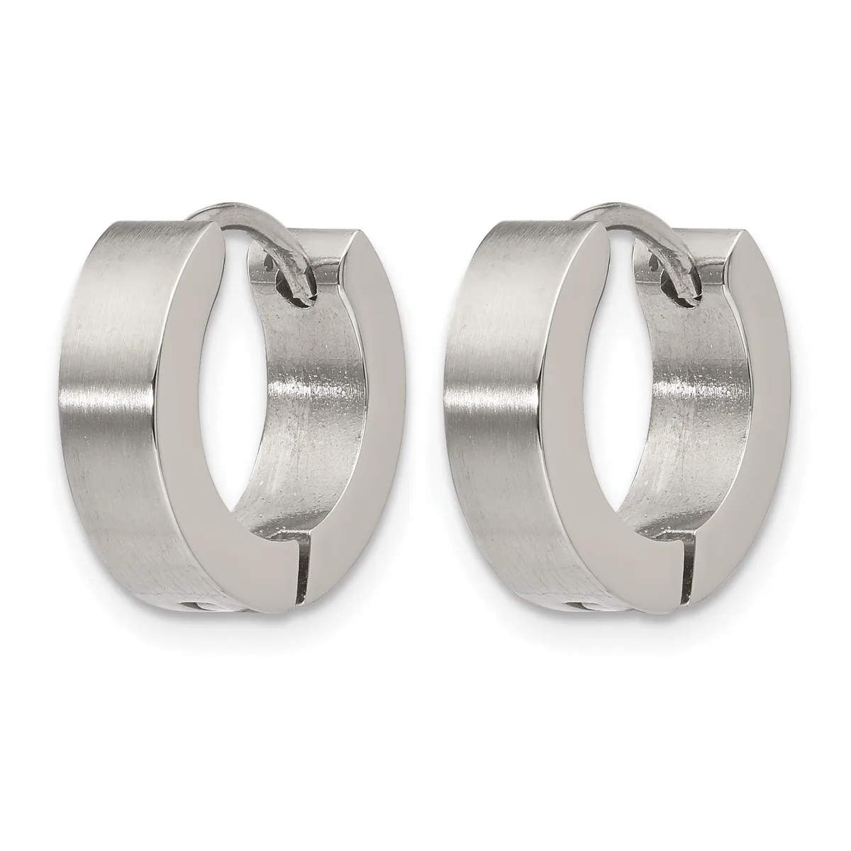 A pair of polished silver-toned chunky hoop earrings with a brushed finish and hinged closure mechanism.