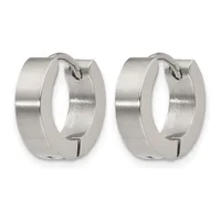 A pair of polished silver-toned chunky hoop earrings with a brushed finish and hinged closure mechanism.