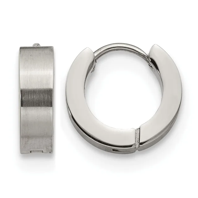 A pair of polished stainless steel chunky hoop earrings shown from the front and side views, displaying their wide curved bands and hinged closures.