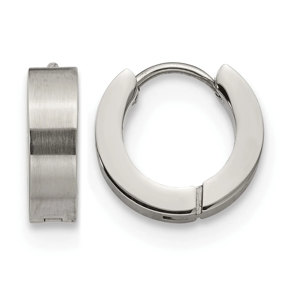 A pair of polished stainless steel chunky hoop earrings shown from the front and side views, displaying their wide curved bands and hinged closures.
