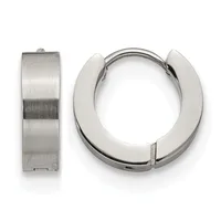 A pair of polished stainless steel chunky hoop earrings shown from the front and side views, displaying their wide curved bands and hinged closures.