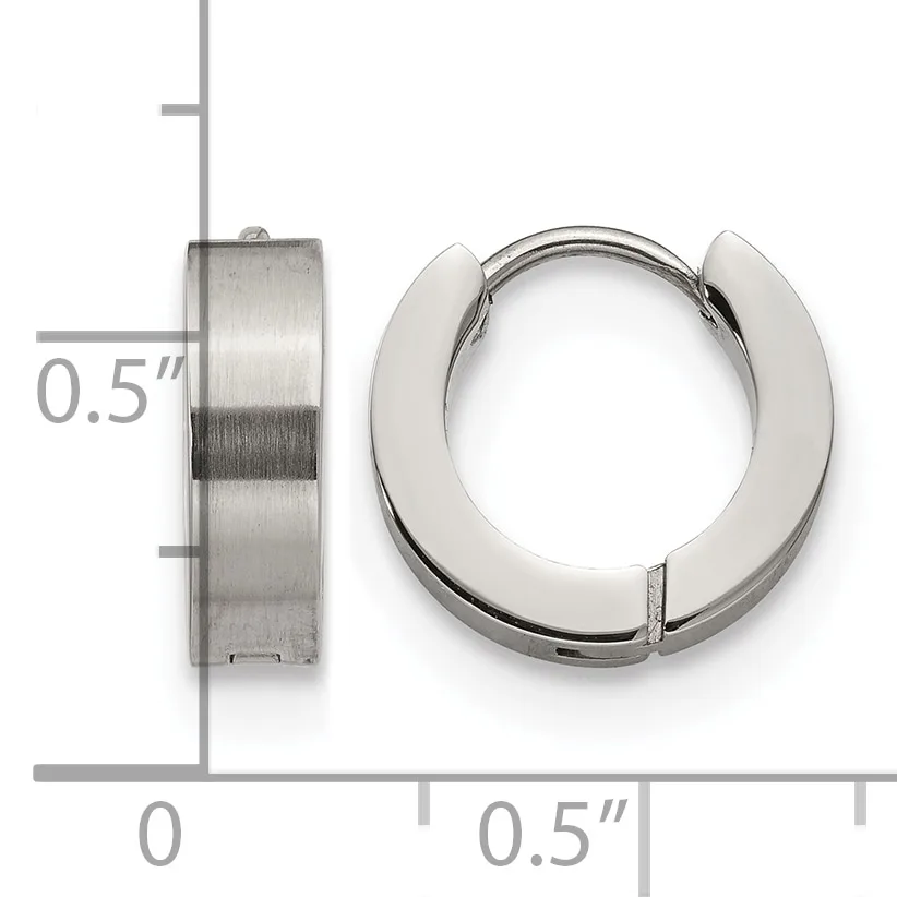 A pair of polished silver-toned hinged huggie earrings shown from front and side views with measurement scale indicating 0.5 inch width.