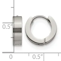 A pair of polished silver-toned hinged huggie earrings shown from front and side views with measurement scale indicating 0.5 inch width.