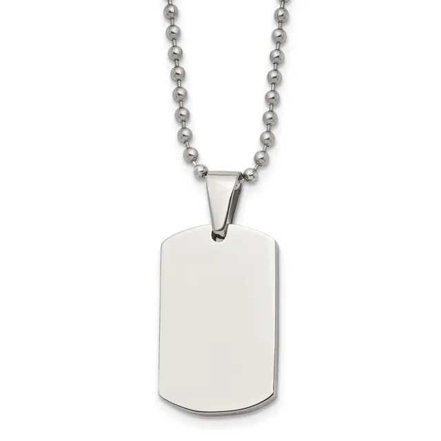 A polished stainless steel dog tag pendant with rounded corners hangs from a matching ball chain necklace against a white background.