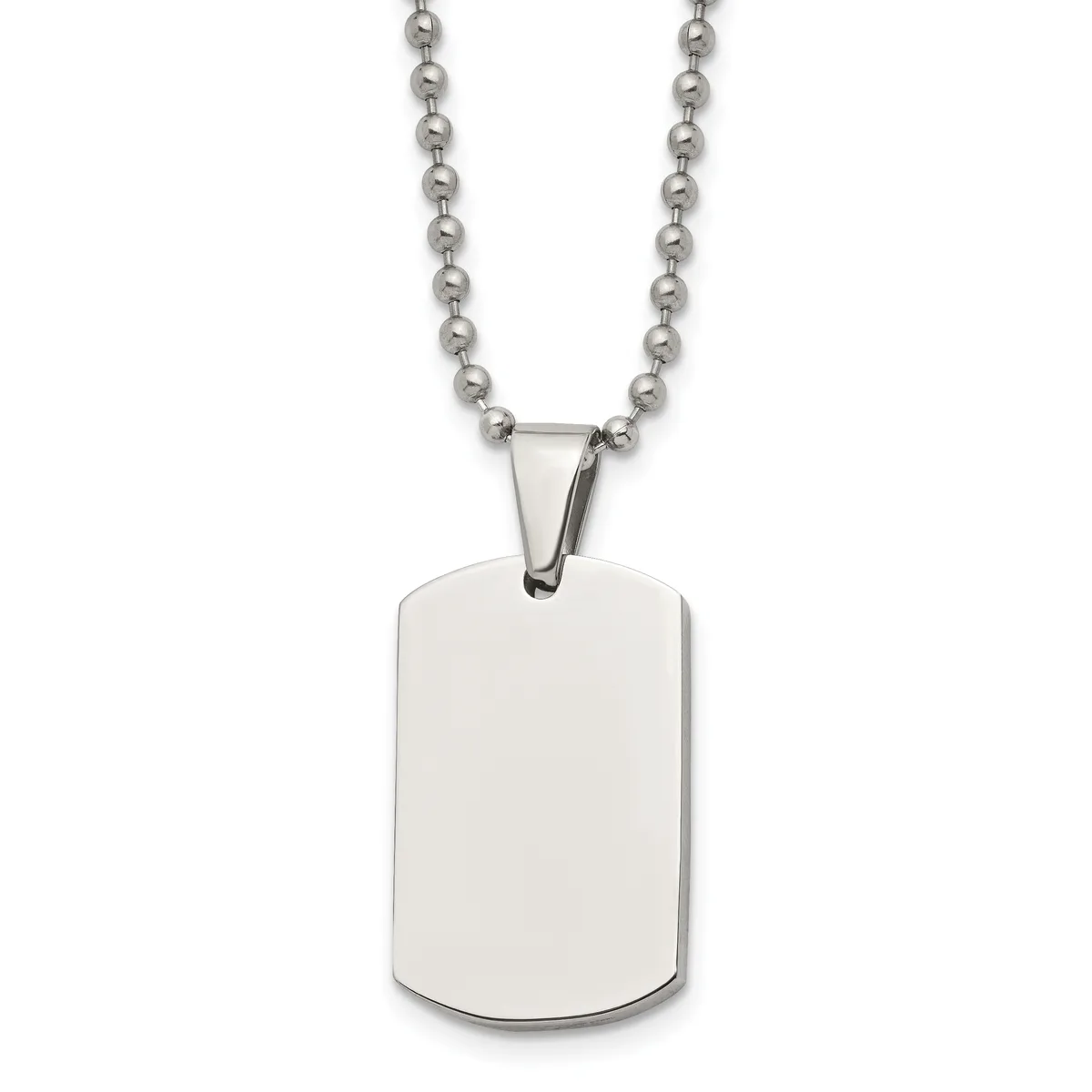 A polished stainless steel dog tag pendant with rounded corners hangs from a matching ball chain necklace against a white background.