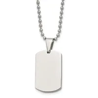 A polished stainless steel dog tag pendant with rounded corners hangs from a matching ball chain necklace against a white background.