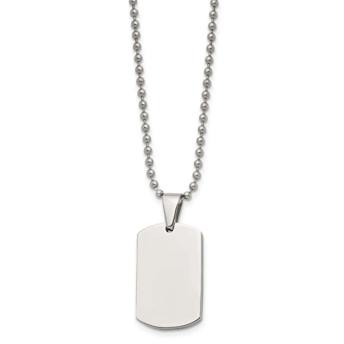 A stainless steel dog tag pendant with rounded corners hangs from a matching ball chain necklace against a white background.