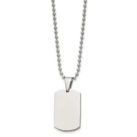A stainless steel dog tag pendant with rounded corners hangs from a matching ball chain necklace against a white background.