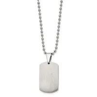 Stainless steel ball chain necklace with a brushed rectangular dog tag pendant hanging centered against a white background.