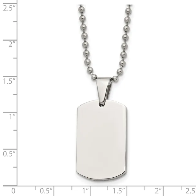 A stainless steel ball chain necklace with a blank rectangular dog tag pendant, shown against a measurement scale.